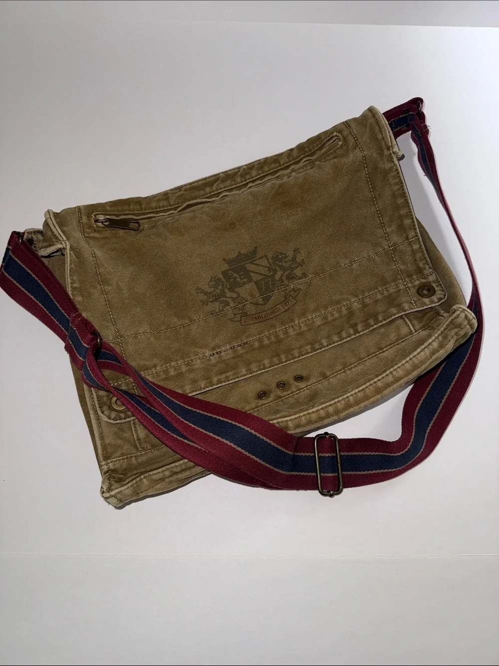 Sold! 🛑 American Eagle Tan Canvas Messenger Bag with Blue & Burgundy Strap